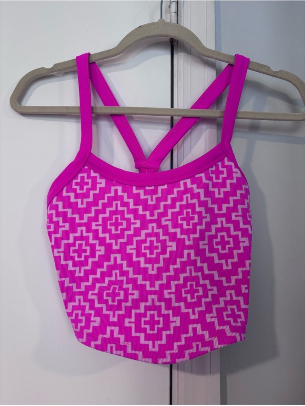 Women's Hot Pink Geometric Sports Bra Tank with Strappy Back